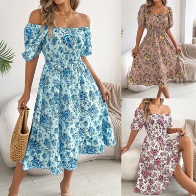 Women's Square Neck Floral Print Puff Short Sleeve High Waist Ruffled Hem A Line Midi Dress Sundress