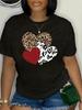 Womens Leopard Print Heart Print Round Neck Loose Tshirt Plus Size Comfortable Casual Black Short Sleeved Top