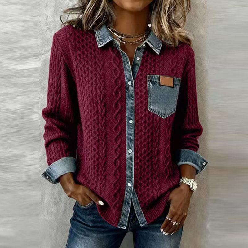 Women Denim Patchwork Knitted Sweater Turn-down Collar Button Top Cardigan Winter Long Sleeve Knitwear Shirt Outerwears Jackets