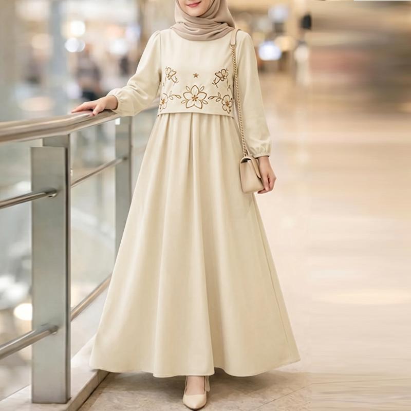 ZANZEA Women Casual Round Neck Long Sleeve Floral Embroidery Loose Long Dress