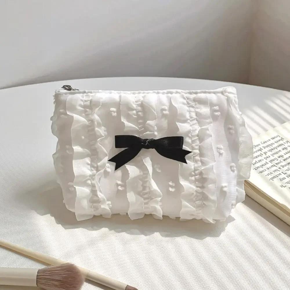 

Cute Bow Girls Storage Bag Solid Color Soft Coin Purse Lipstick Headphone Bag Large Capacity Lace Clutch Bag