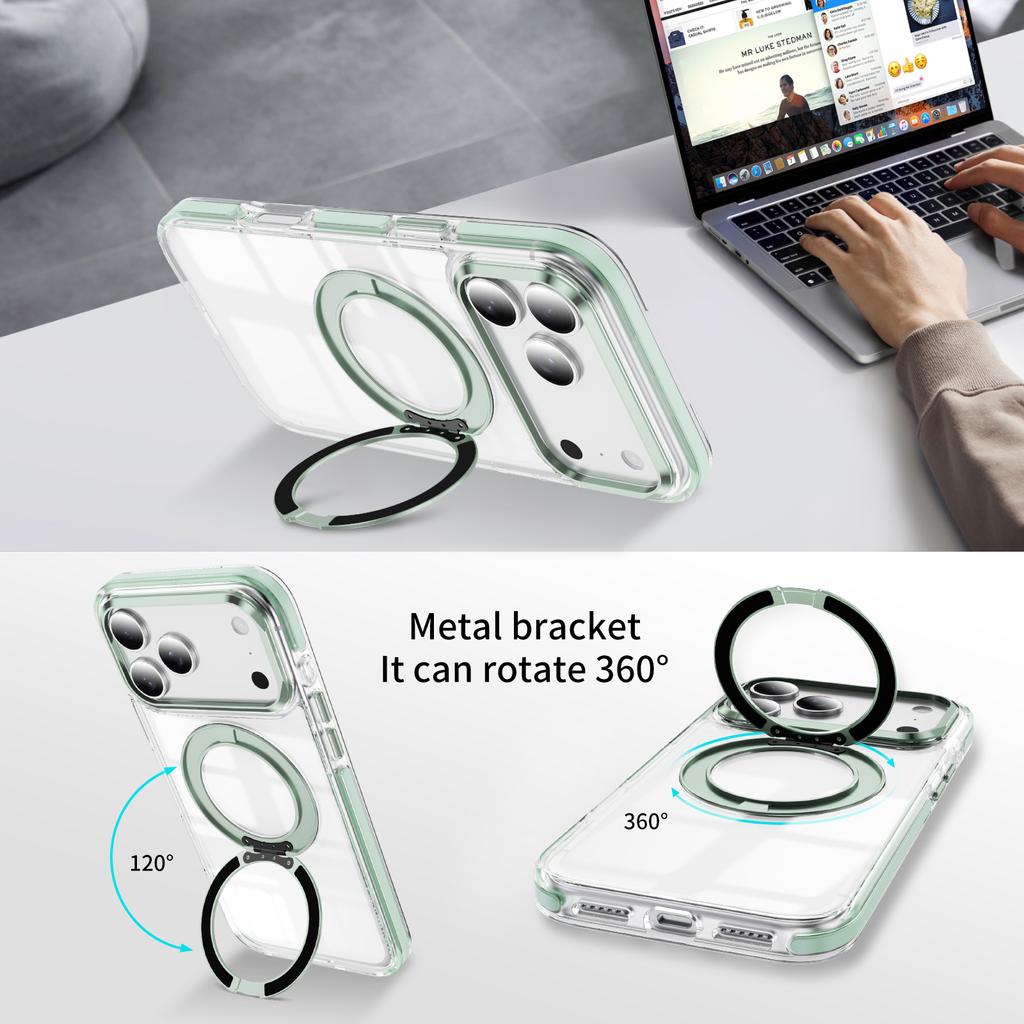 For iPhone 17 Pro Case Compatible with MagSafe Rotating Kickstand Shockproof TPU PC Acrylic Clear Phone Back Cover