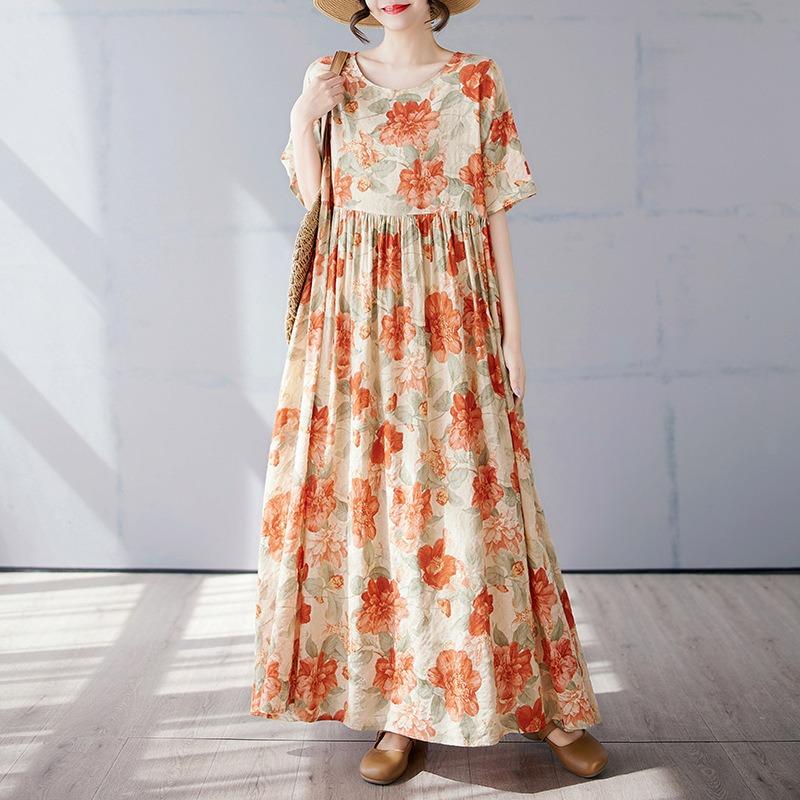 Simple bohemian long dress summer new fattened plus short sleeve crew neck printed dress women's clothing