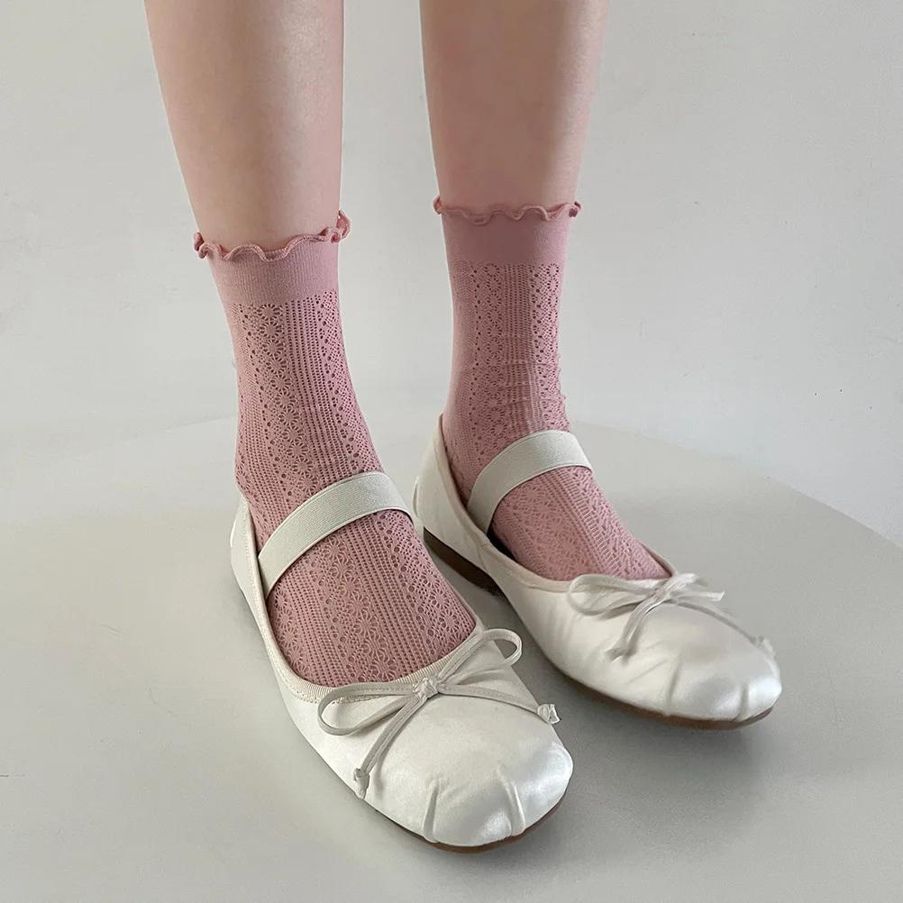

Summer Socks Women Hollow Out Thin Mesh Breathable Long Socks JK Japanese Style Solid Color Lolita Girl Kawaii Cute Ruffle Socks