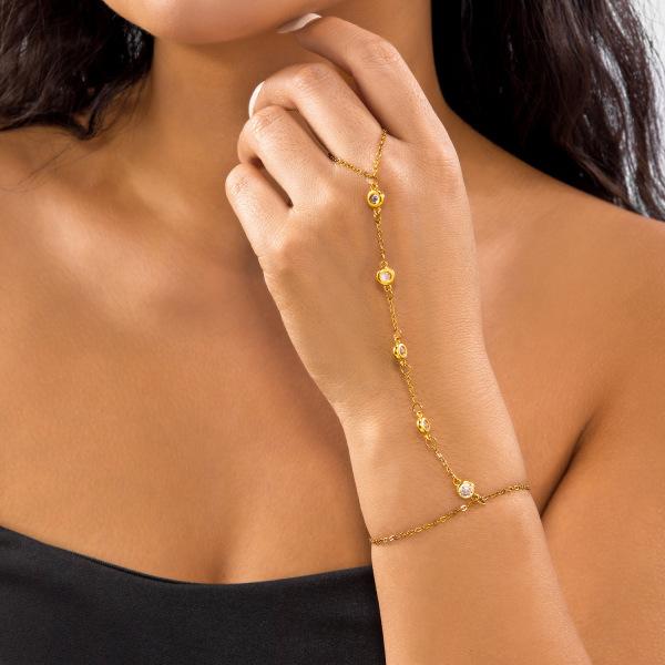 Women Ladies Fashion Light Luxury Braclets Connect Finger Rings Jewelry Stainless Steel Colorful Rhinestone Tassel Bracelets