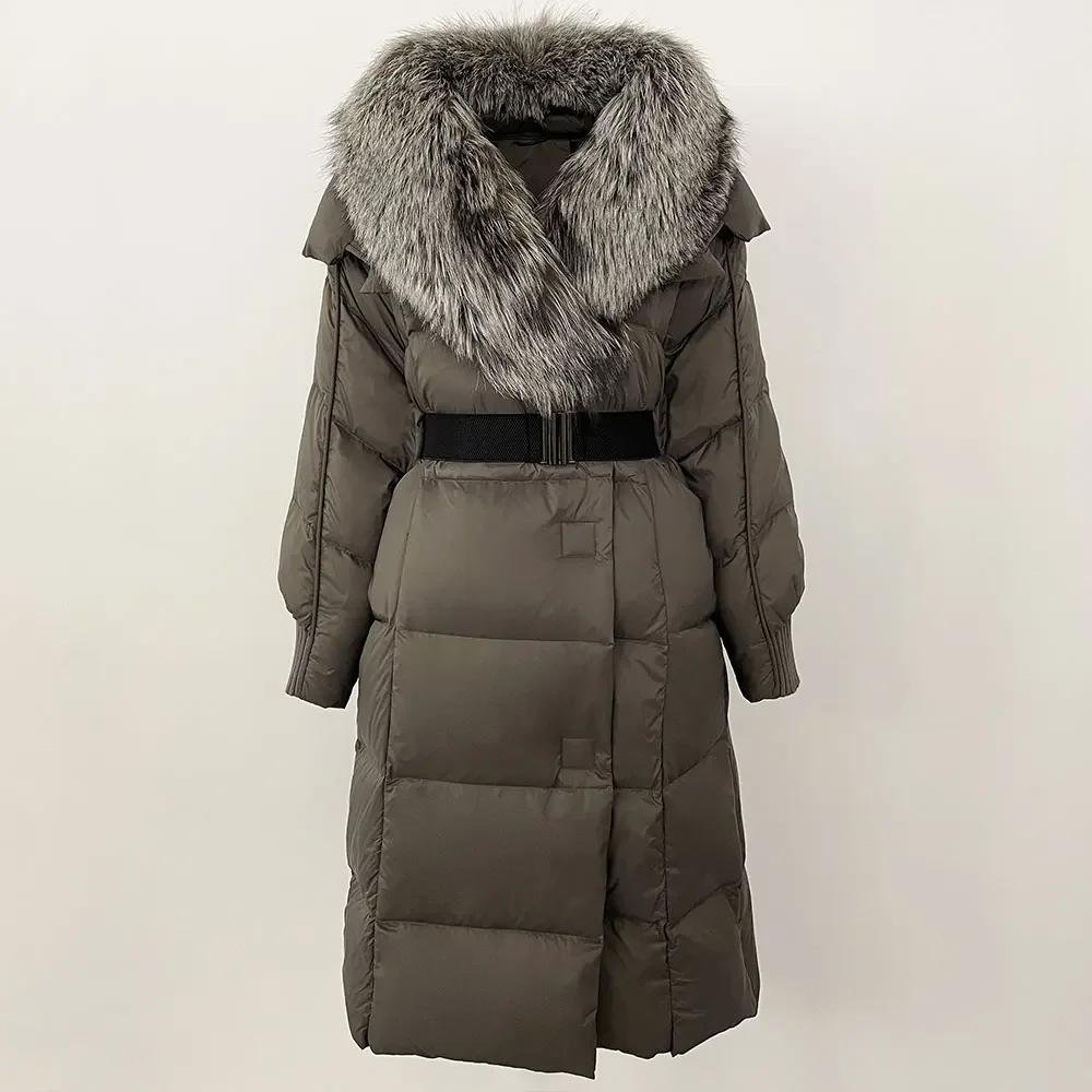 OFTBUY Winter Jacket Women Long Natural Real Raccoon Fox Fur Collar White Duck Down Coat Belt Thick Warm Casual Outerwear