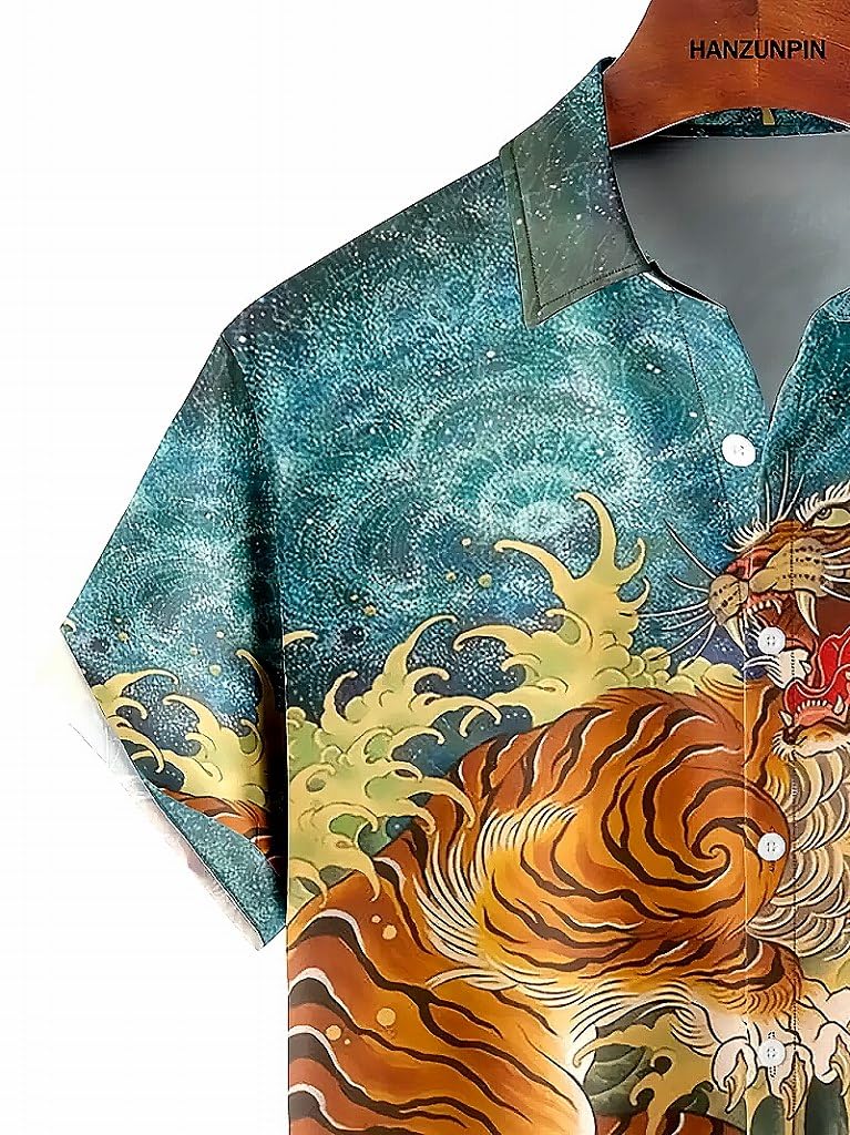 Tiger Print Aloha Short Flashy Summer Hawaiian Plus Size [syatu032-L] Shirt, Sleeve, Yakuza/Yankee Style, Outfit, Festival/Fireworks, Men's Fashion,