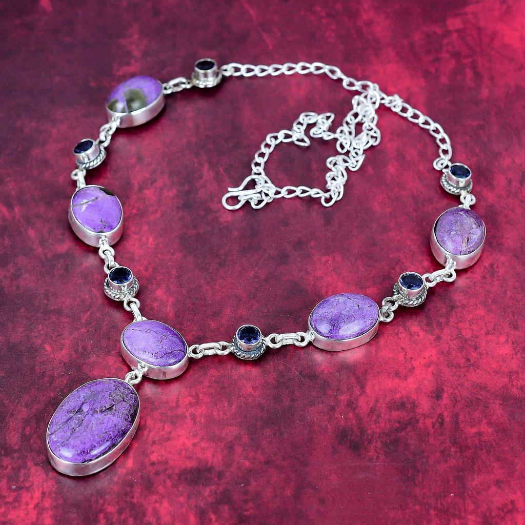 Purpurite & Amethyst 925 Solid Sterling Silver Necklace with Adjustable Chain, Handmade Gemstone Jewelry Necklace For Memorial Day