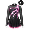 Girls Figure Skating Dance Costume Long Sleeve Rhinestone Patchwork Hollow Back Dress Hair Band