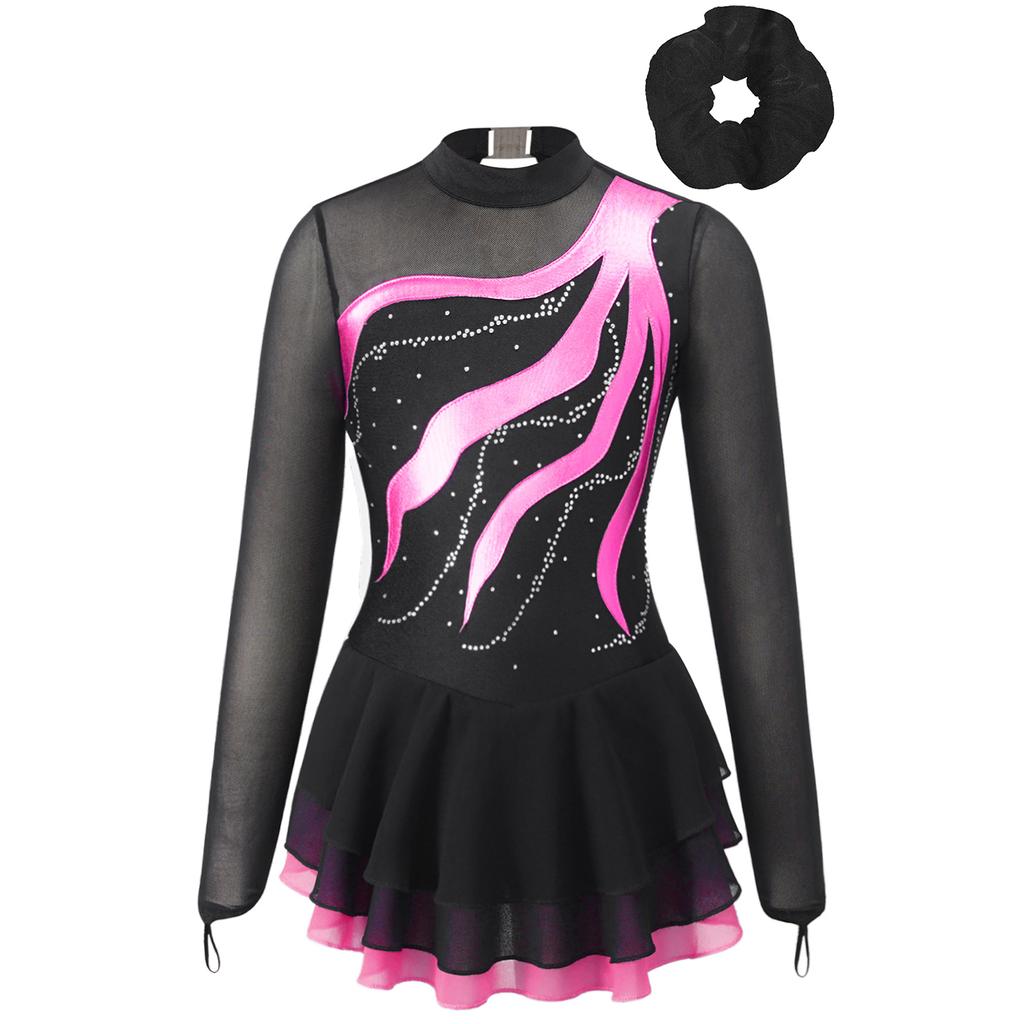 Girls Figure Skating Dance Costume Long Sleeve Rhinestone Patchwork Hollow Back Dress Hair Band