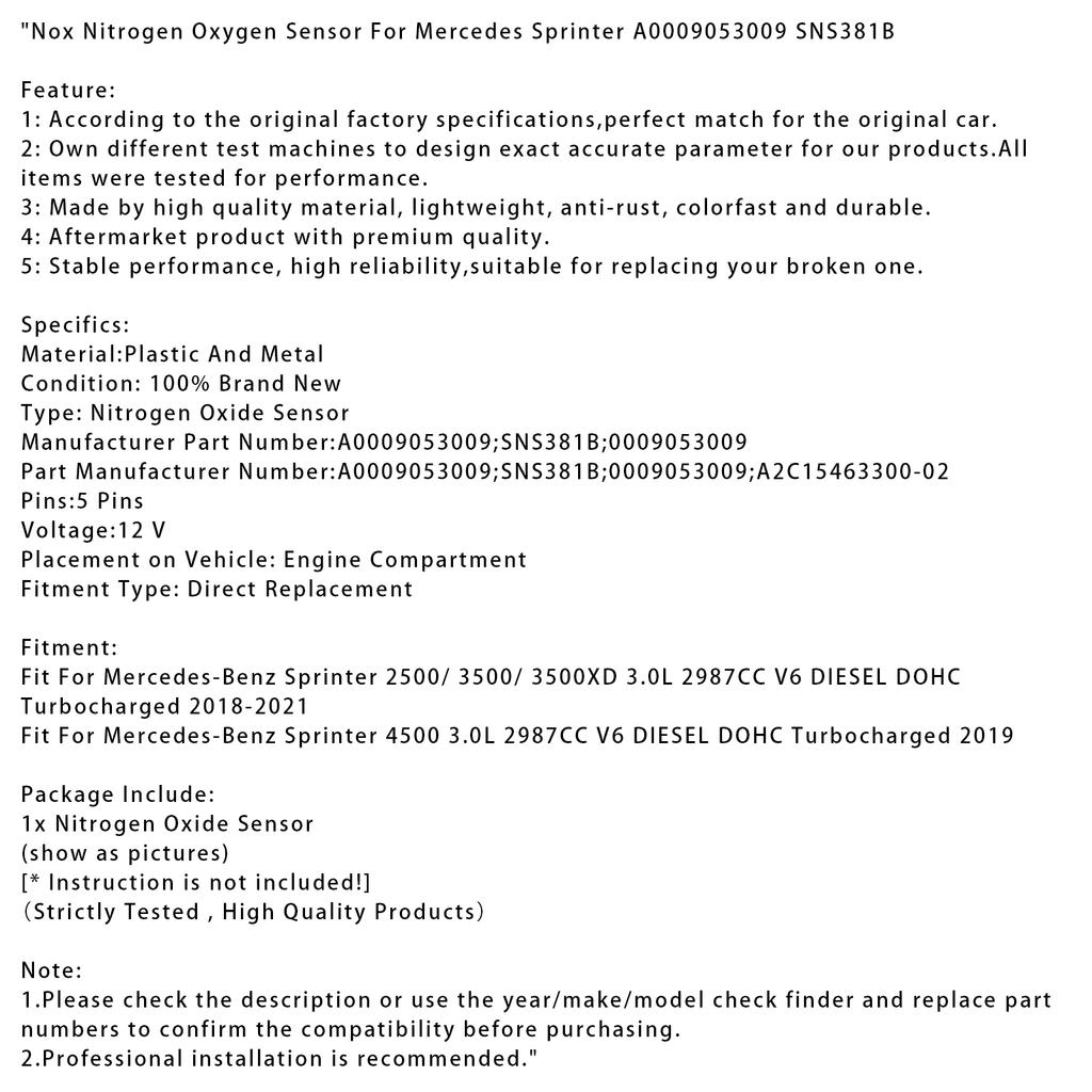 Nox Nitrogen Oxygen Sensor For Mercedes Sprinter A0009053009 SNS381B