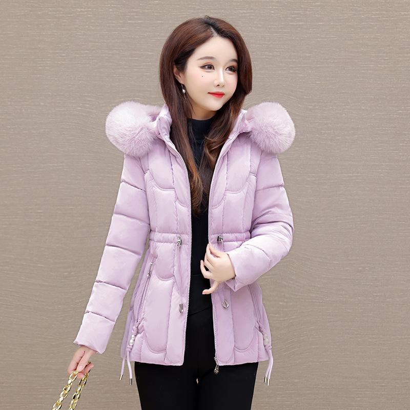 

Женская короткая стеганая одежда, зимняя новая приталенная куртка с подкладкой, утолщенный меховой воротник, теплая куртка 5XL светло-фиолетовый