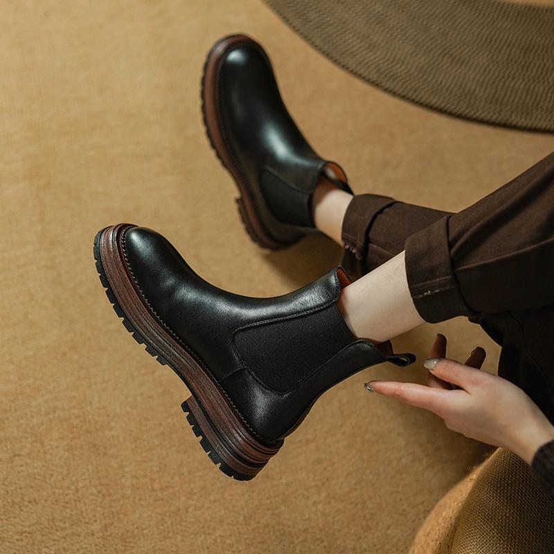 Móda 2025 Zima Pravá Kůže Vlna Sněhule Kulatá Špička Vysoké Podpatky Platformy Boty Elastický Pás Krátké Boty Žena Základní Kozačky