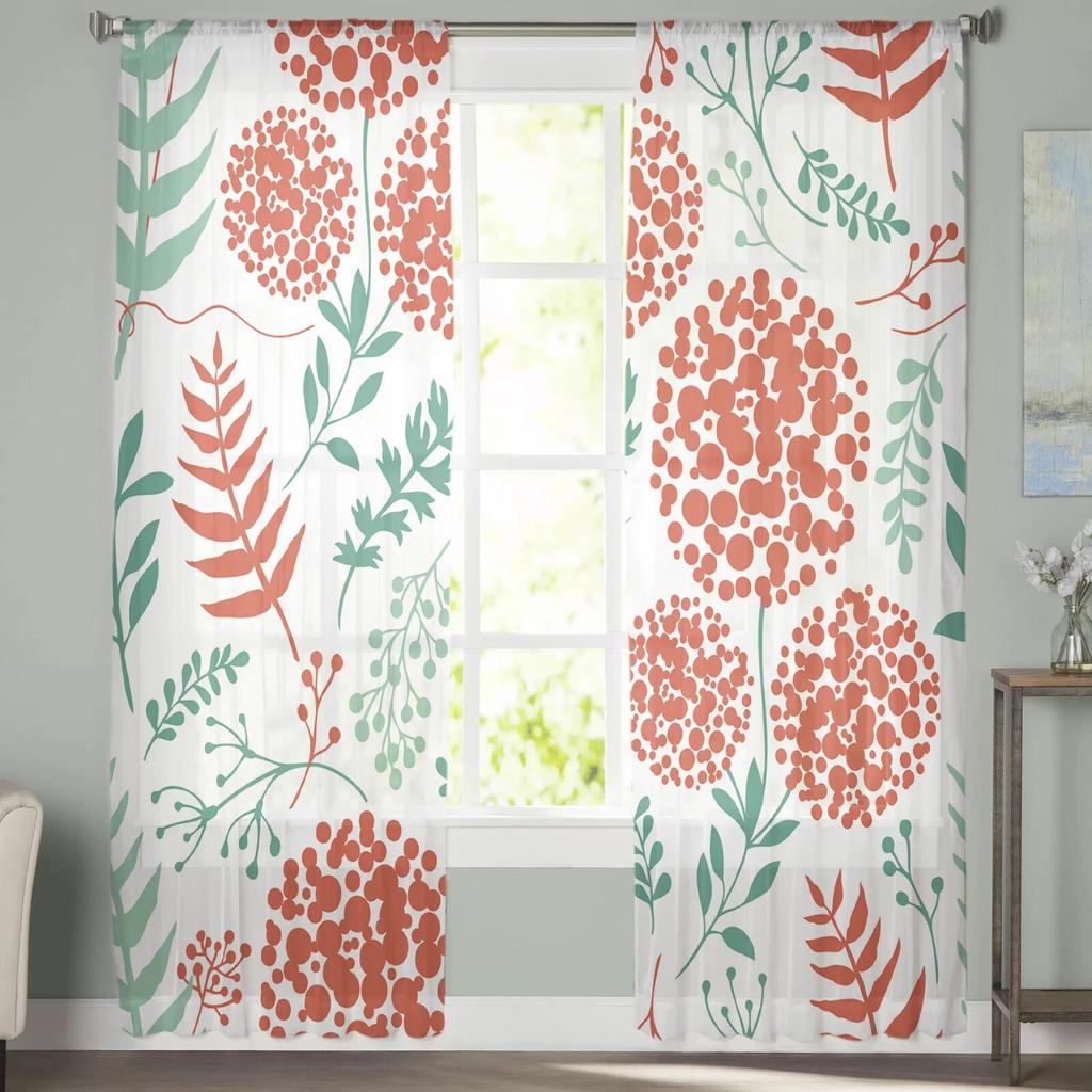 Perdele din tul cu flori roșii cu frunze verzi cu plante pentru sufragerie, bucătărie, dormitor, tul transparent pentru cafenea, hotel, decorațiuni moderne