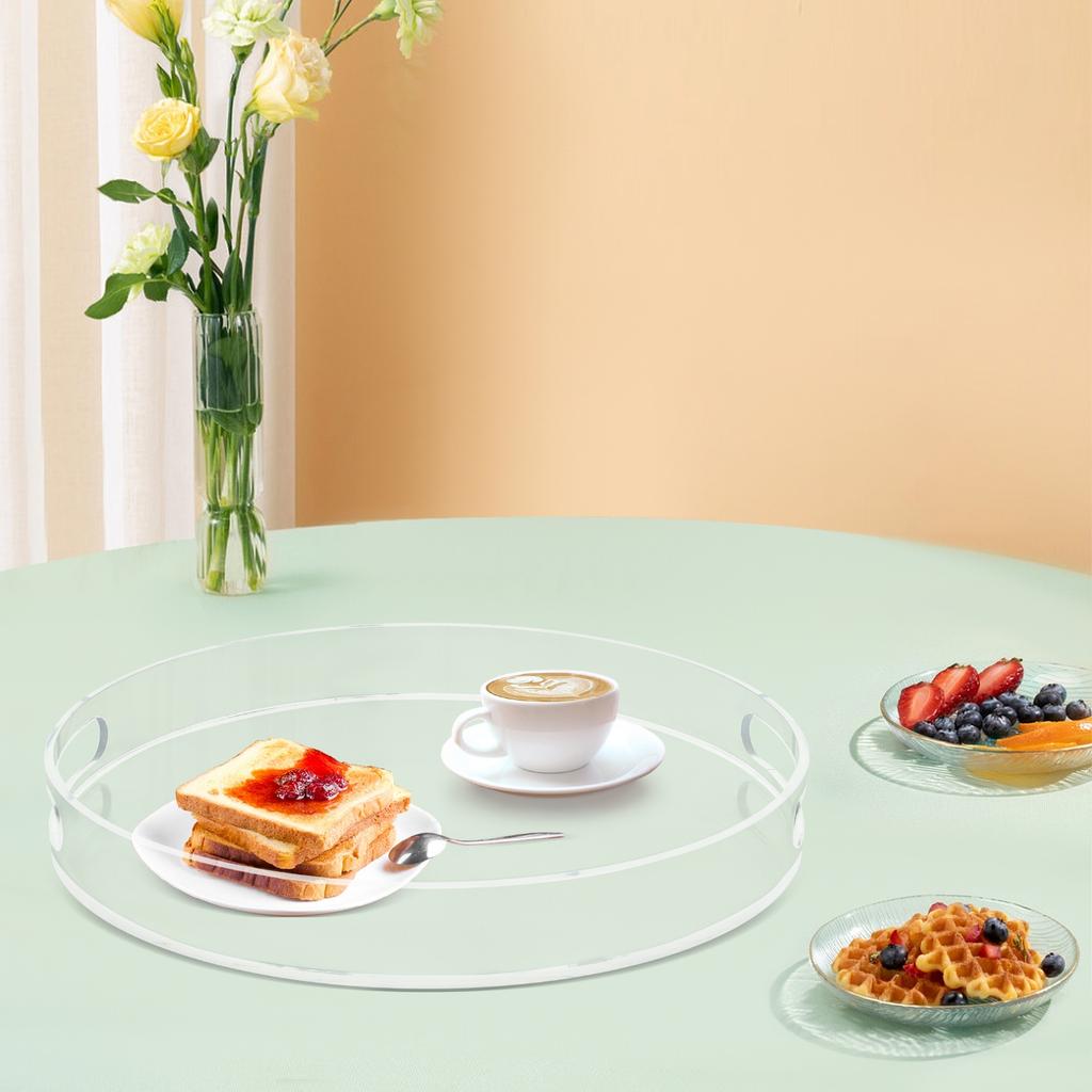 Clear Polished Acrylic Round Serving Tray with Handles, Spill-Proof & Scratch-Resistant, Freestanding Display Tray for Kitchen