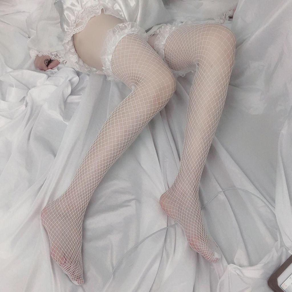 Lace Fishnet Camisole Stockings: Thigh-High Small Mesh Socks for Women