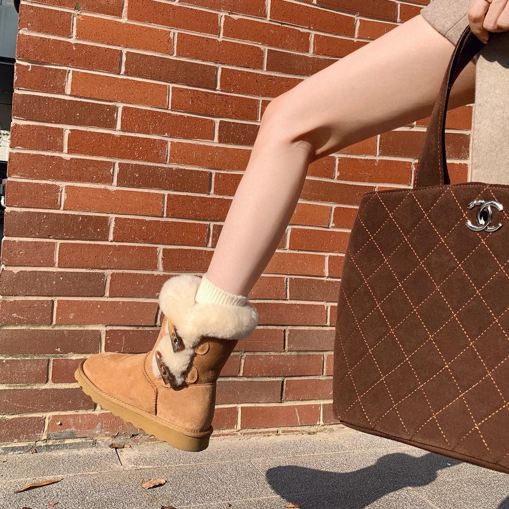 2025 höst och vinter nya Mao Mao hornspänne bomullsskor rund tå tjock sula varma och bekväma snökängor dam