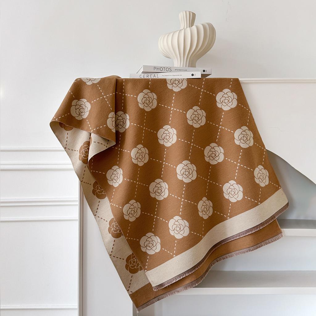 Winter Small Fragrance Outside With Versatile Camellia Imitation Cashmere Scarf Shawl Women'S Long Versatile Warm Scarf