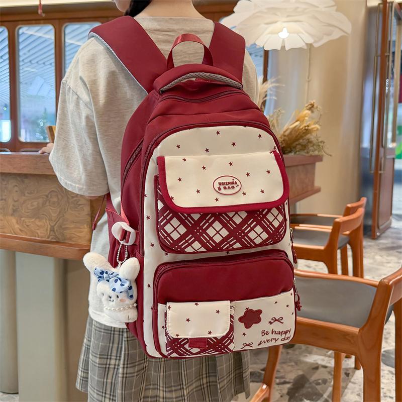 Printed Contrast Student Schoolbag Women's College Style Multi-Compartment Backpack