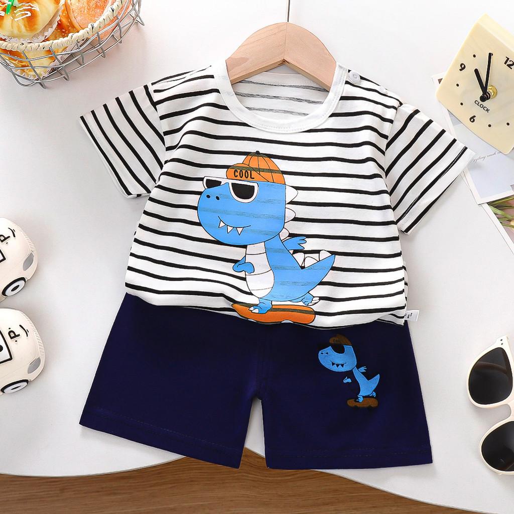 Kids Short Sleeve Cotton Set With Cartoon Pattern For Summer Play