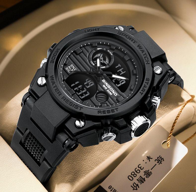 BINBOND LED Digital Watch Men Waterproof Luminous Double Display Quartz Wristwatches Men's Fashion Silicone Band Man Watches