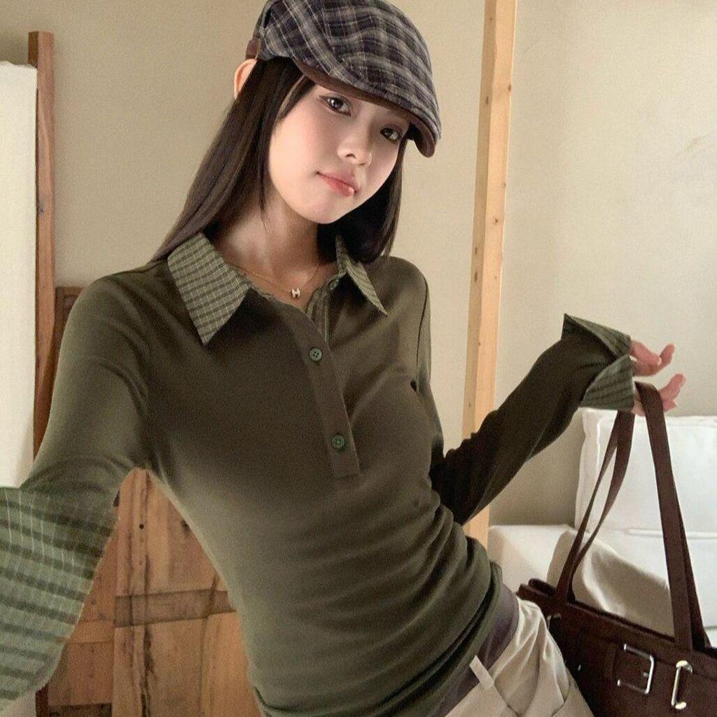 Damen kariertes Patchwork-Langarm-Polo: Herbst/Winter Schlankmachendes Koreanisches Lagenoberteil