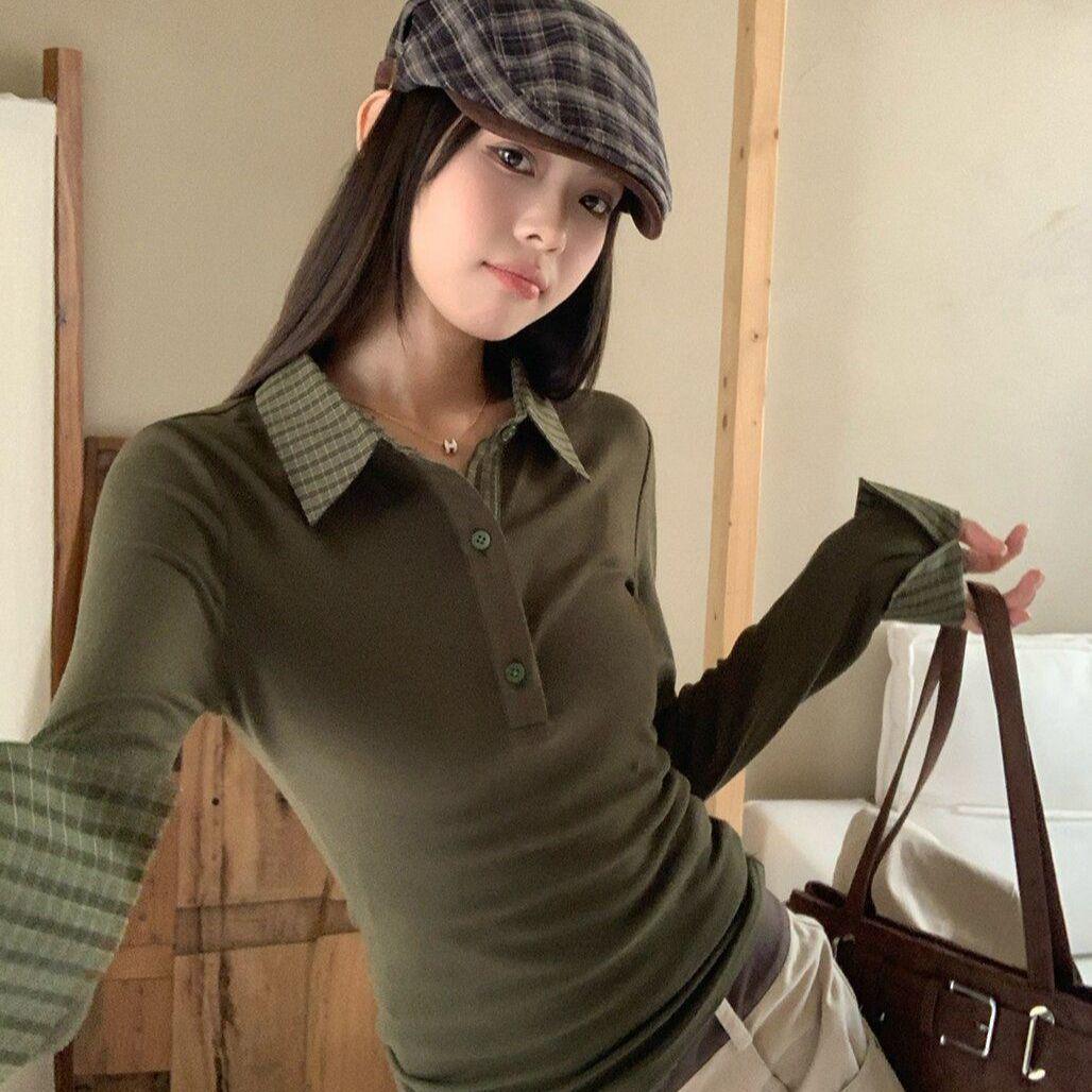 Women s Plaid Patchwork Long-Sleeve Polo: Autumn/Winter Slimming Korean Layering Top Small