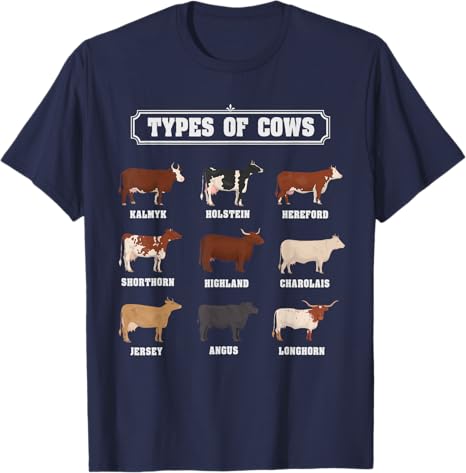 Types of Cow Cattle Ideas for Kids Boys Farmer Costume TShirt Fashion Y2k Design Graphic Outfit Novelty Gift Saying Tee Top