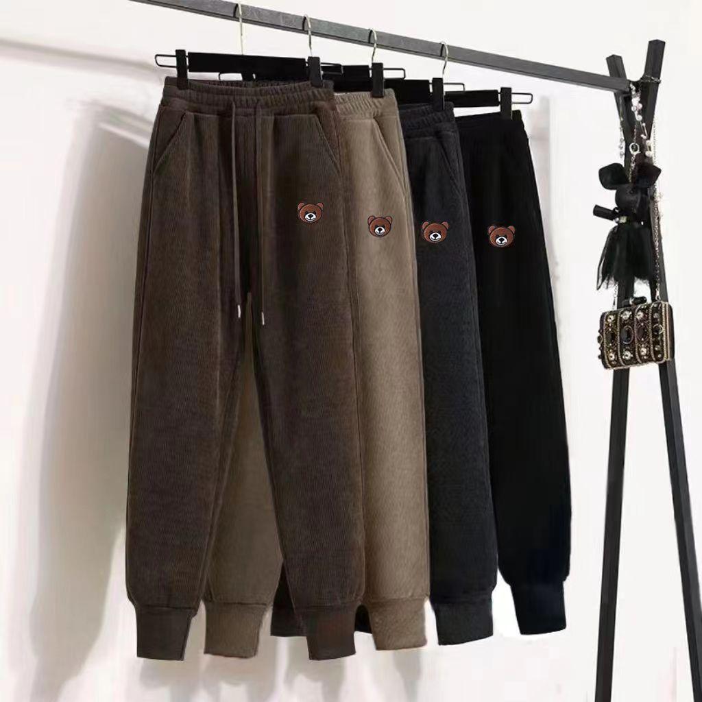 Women's Plus Velvet High-waisted Harem Pants, Loose and Thin In Autumn and Winter, Elastic Waist and Feet, Bear Embroidered Sweatpants