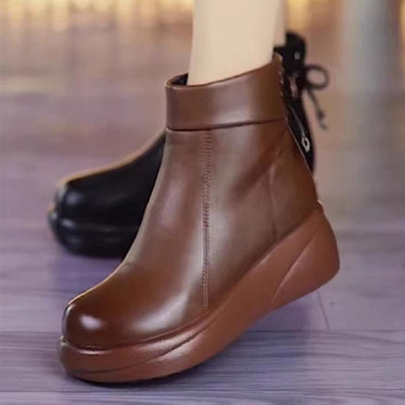 Soft leather autumn and winter new thickened thermal cotton boots women's rear lace-up velvet shoes comfortable round head versatile women's shoes