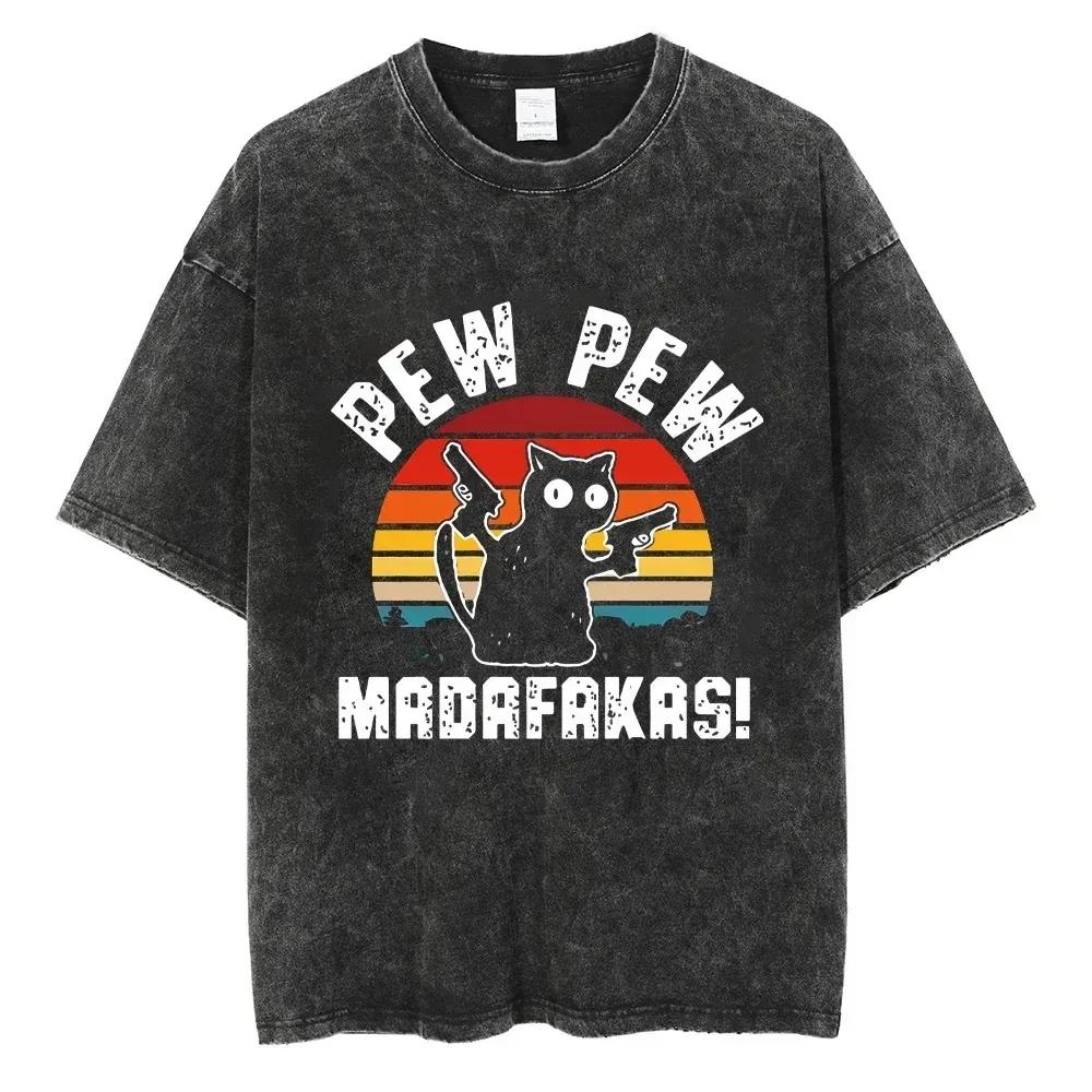 Cat Print T Shirts Cartoon Hip Hop Vintage T-shirts Bear Graphics Retro Tshirt Streetwear Y2k Short Sleeve Tops