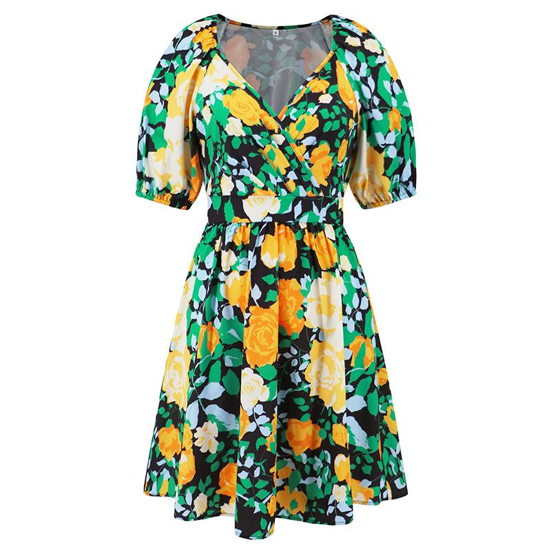 Women Summer Floral Printed V-Neck  Puff Sleeves Cut Out Casual Short Swing Dresses