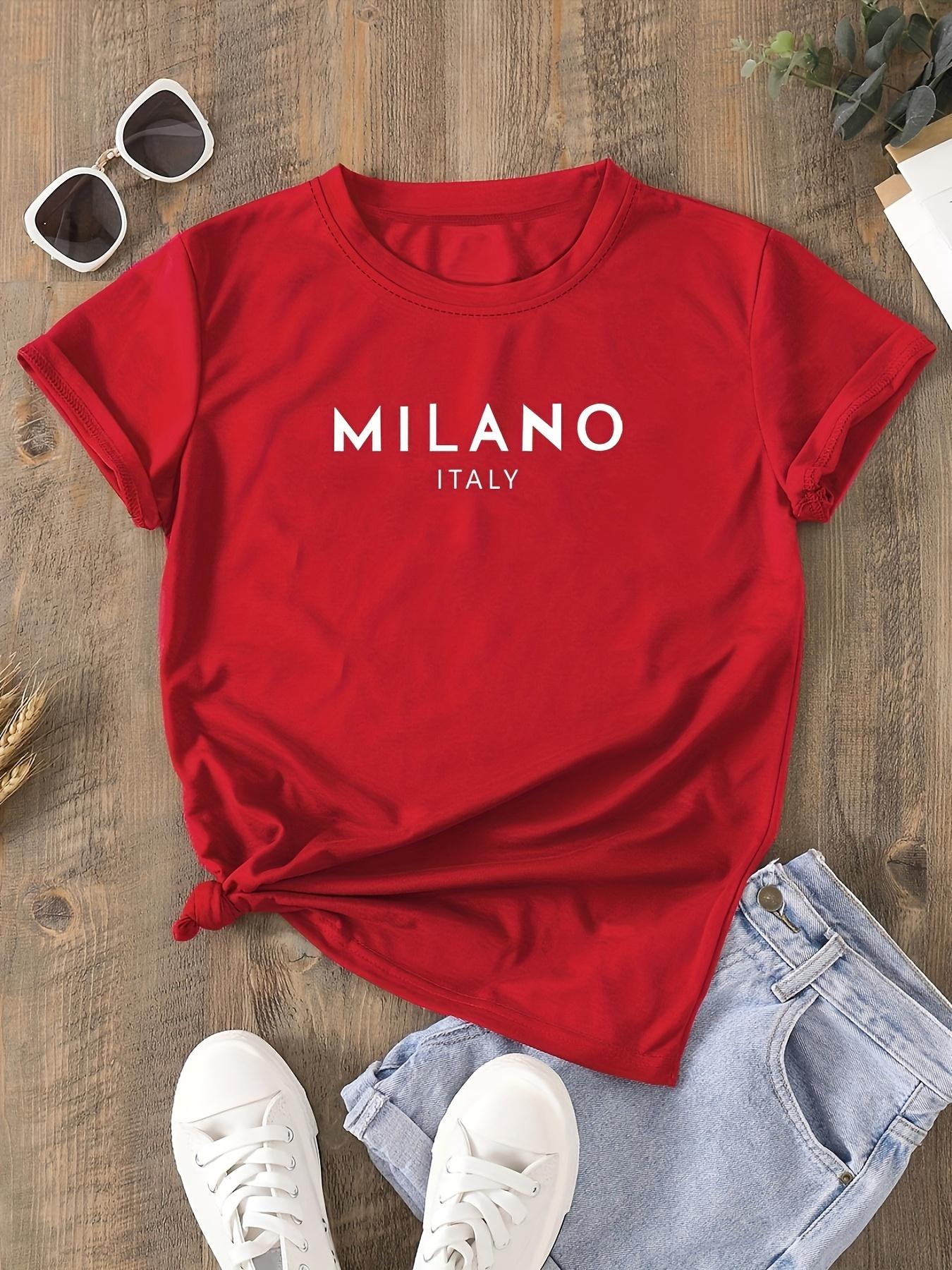

Women S Casual Round Neck T-Shirt Polyester Knit Fabric Short Sleeve Summer Top with Milano Italy Letter Print S