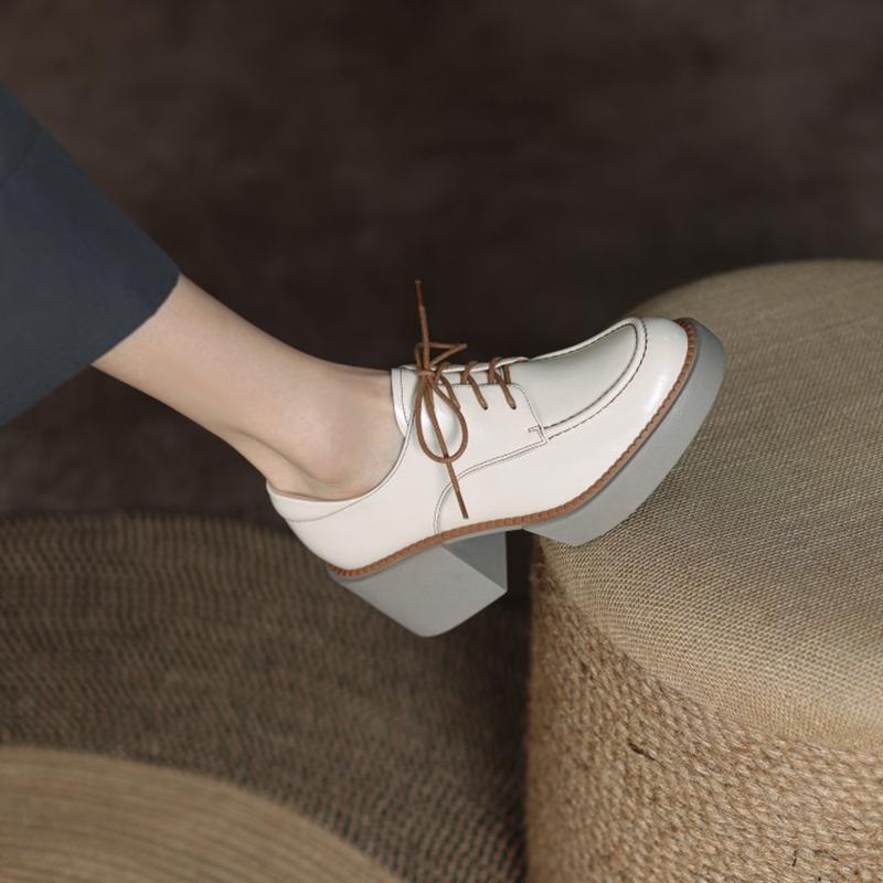 Fashion NEW Spring/Autumn Women Pumps Split Leather Shoes for Women Round Toe Chunky Heel Shoes Comfortable Lace-up Platform Daily Shoes