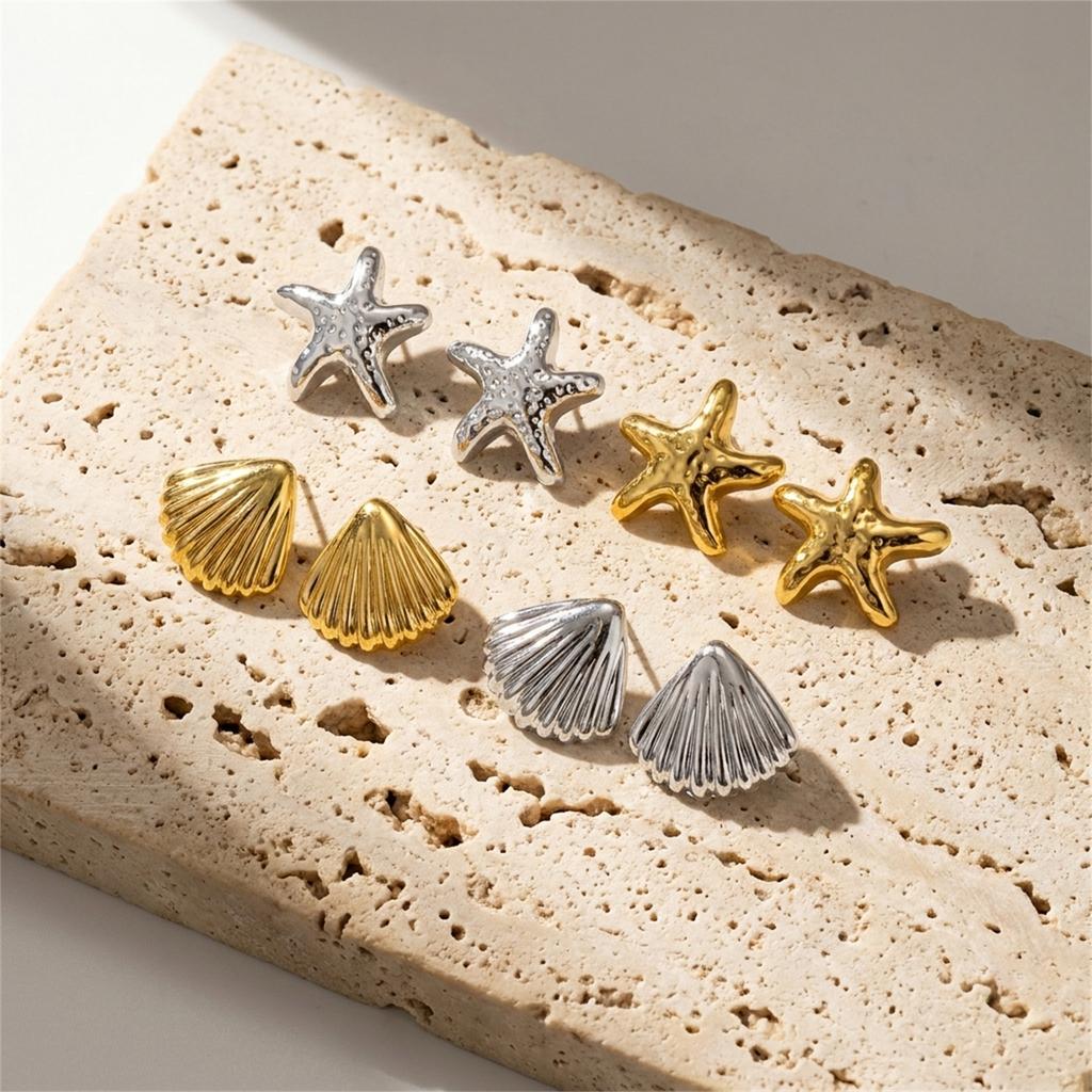 Vintage Gold Color Textured Starfish Shell Heart Stud Earrings Set For Women Chunky CCB Floral Earring Summer Aesthetic Jewelry