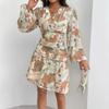 Autumn and Winter Women's Casual Print Waist Long Sleeve Dress