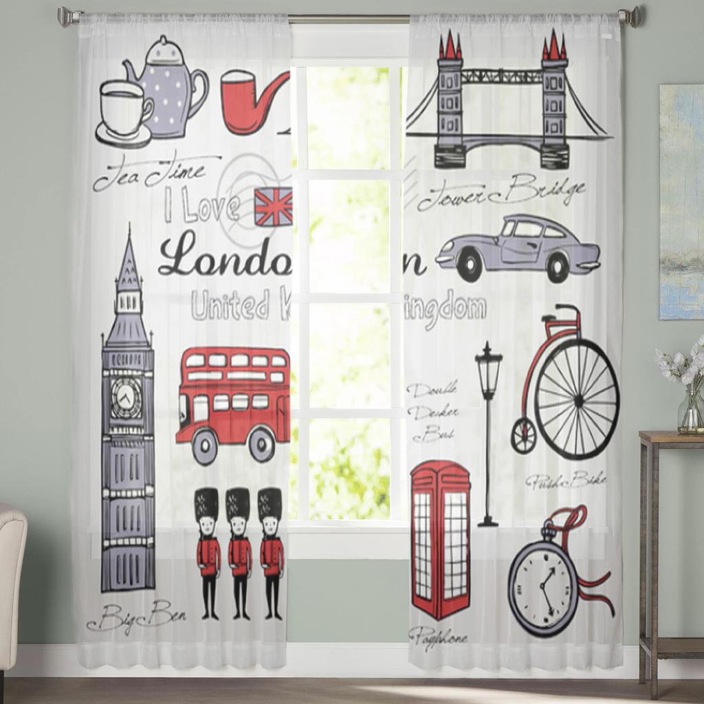 London Bus Fahrrad Cartoon Doodle Gardinen für Wohnzimmer Schlafzimmer Tüll Vorhänge Küche Fenster Behandlungen Panel Vorhänge