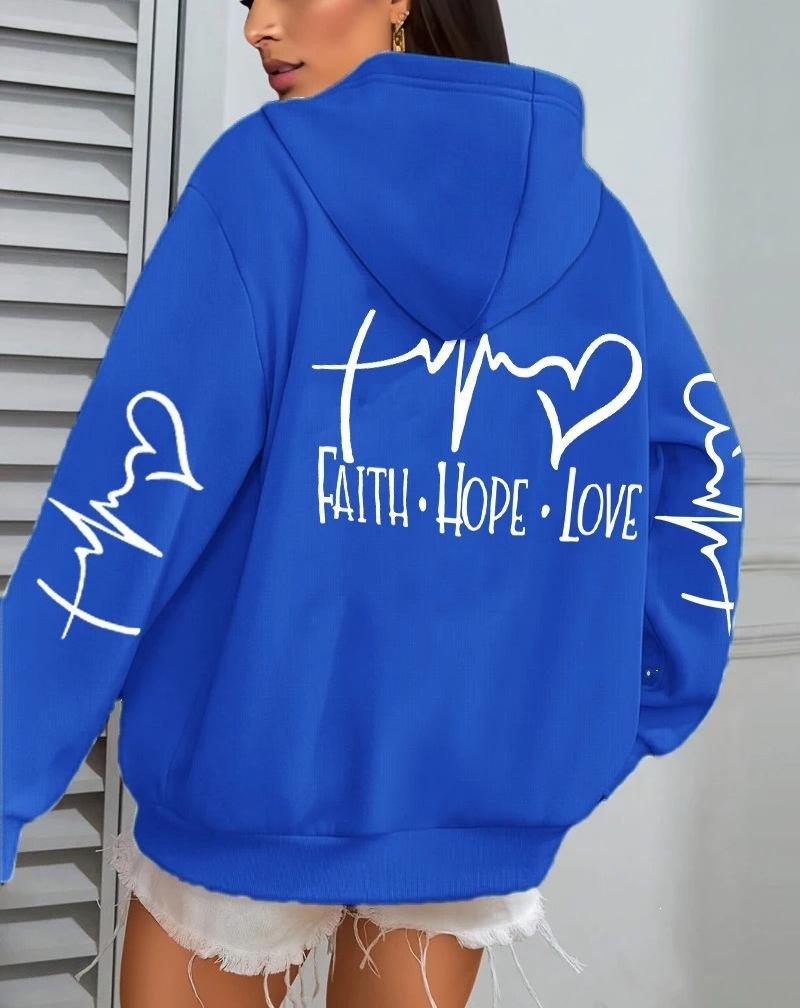 Faith Hope Love Letter Pattern, Printed Women'S Hoodie Autumn Loose Casual Pocket Fleece Pullover