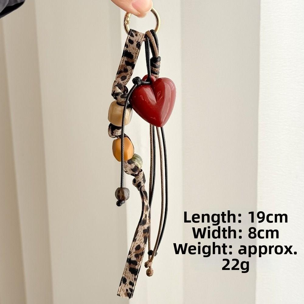 Vintage Leopard Patterned Heart Keychain Mushroom Woven Rope Backpack Pendant Handmade Beaded Bag Charm