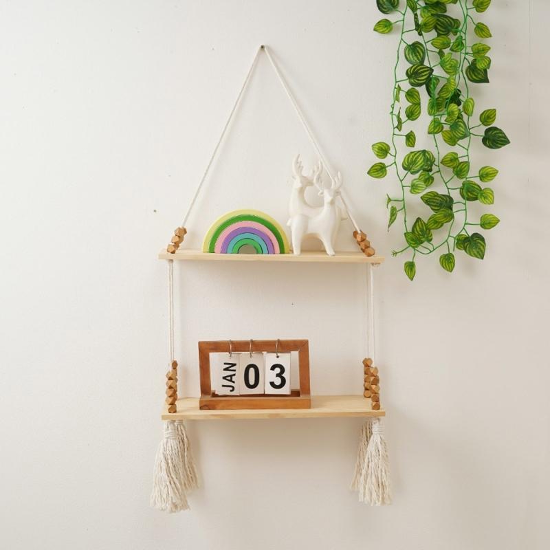 Unique Decorative Floating Tassels Shelf Wood Wall Mounted Storage Rack for Living Room Stylish Bedroom Organizer