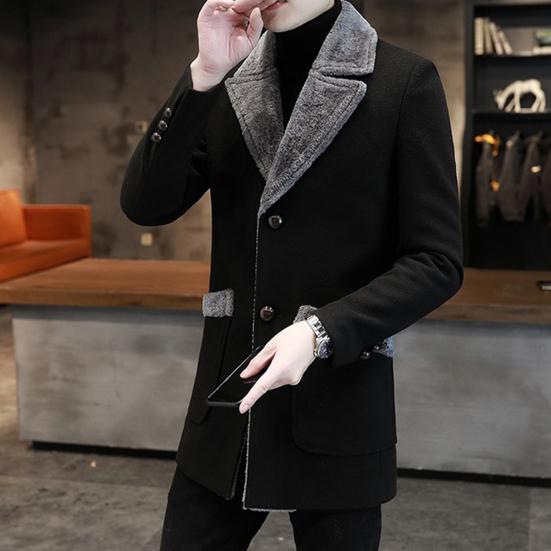 Men Business Jacket Medium Length Single-breasted Solid Color Plush Collar Autumn Winter Woolen Coat Windbreaker Streetwear
