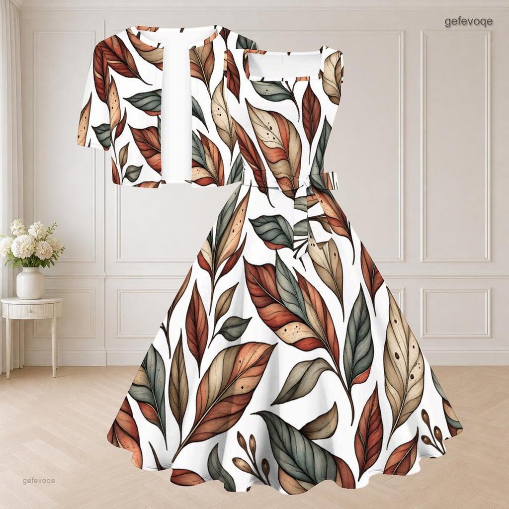 Women Plus Size White Floral Printed Two Piece Set Square Neck Sleeveless Tie Waist Flared Dress Short Sleeve Cropped Shrug