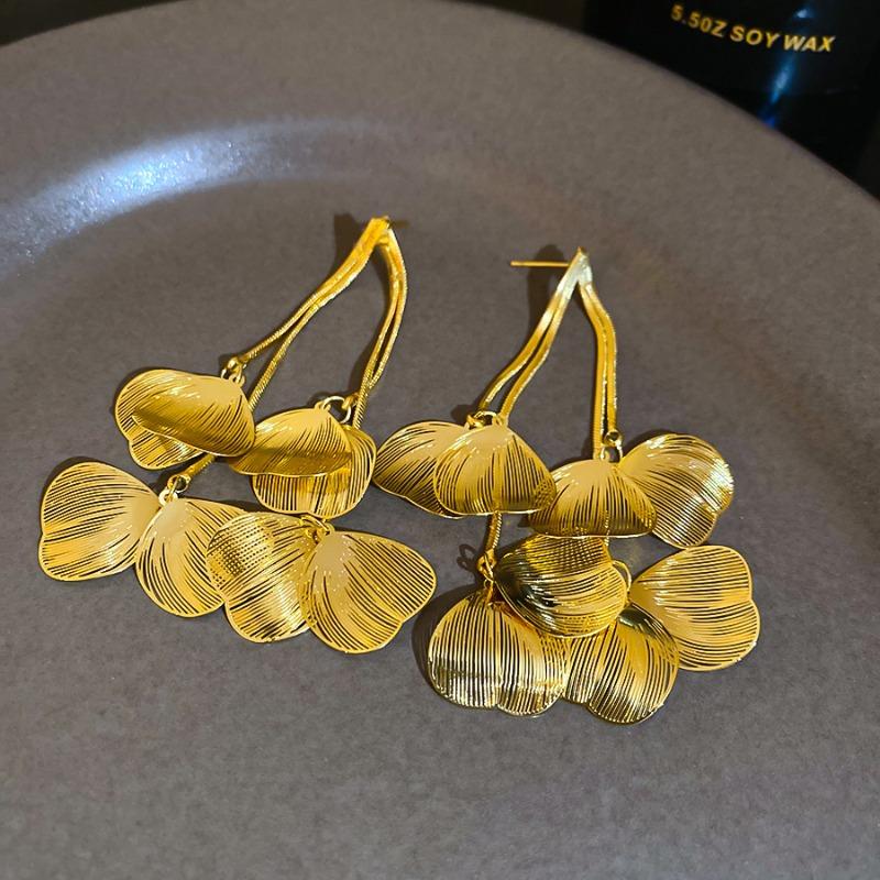 Women French Style Dangle Earrings 14K Real Gold Plated Copper Hollow Metal Flower Petal Long Chain Tassel Fashion Jewelry