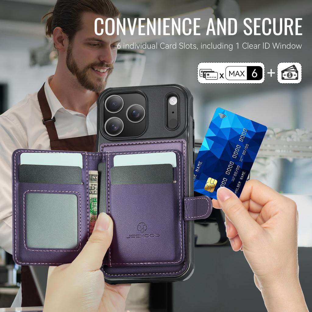 For iPhone 17 Pro Case JEEHOOD J09 RFID Blocking Card Holder Leather Back Phone Cover Compatible with MagSafe