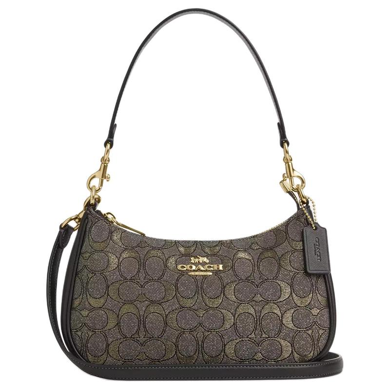 

COACH Teri 24 Brand Print Gold Logo Metallic Jacquard Crossbody Shoulder Bag Medium Women s Charcoal Gray золотий