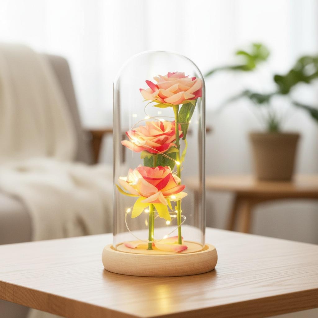 Simulation Eternal Flower Rose Bouquet Glass Cover Qixi Festival Valentine's Day Mother's Day Christmas Gift Box Finished Product
