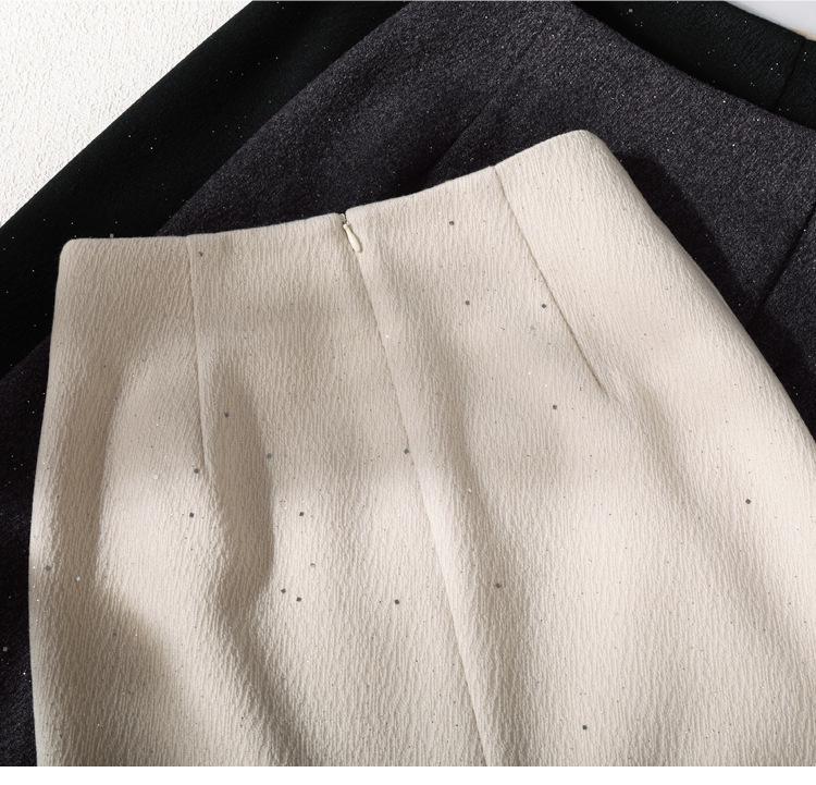 Women's High Waist Wool-Blend Sequined A-line Skirt - Autumn/Winter Slimming Bodycon with Slit