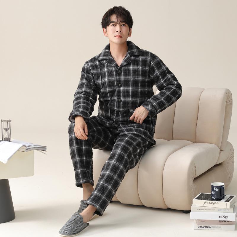 Pajamas Men'S Winter Three-Layer Thickened Velvet Pure Cotton Padded Cotton Autumn And Winter Warm Anti-Static Winter Loungewear Set