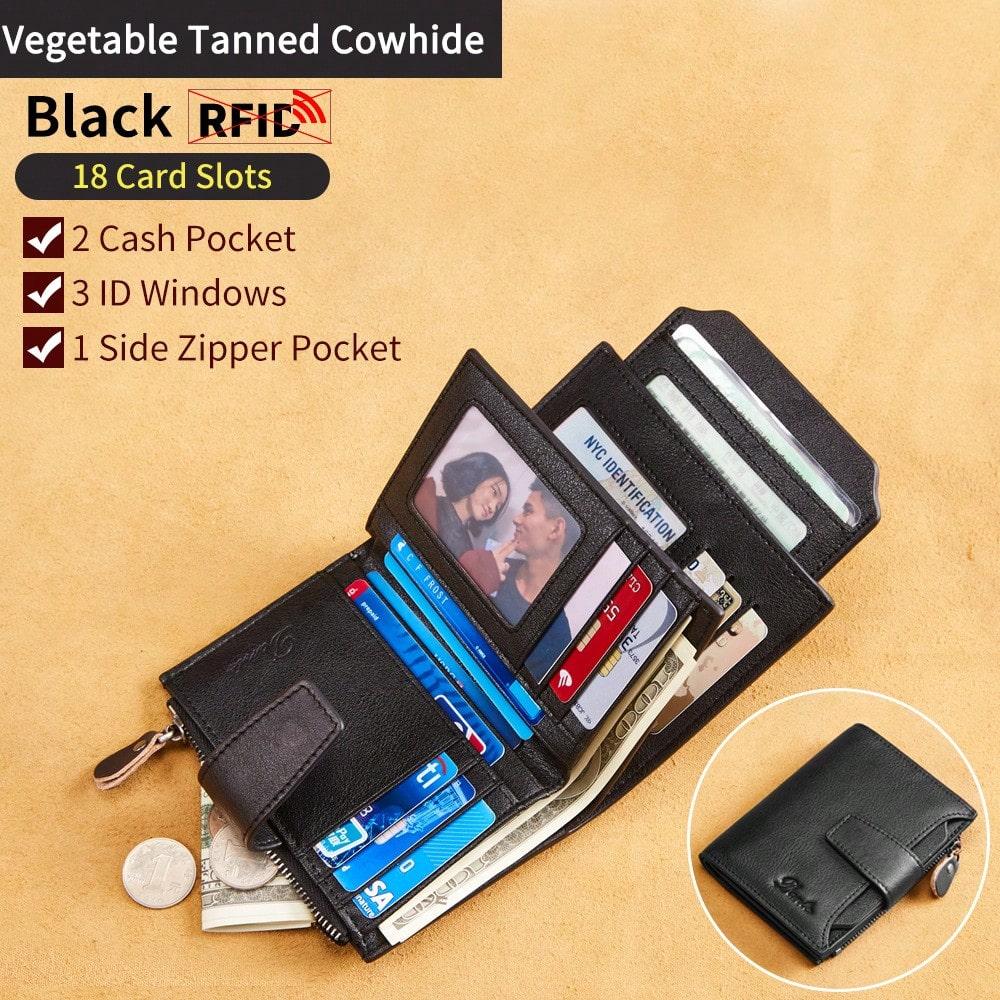 Cowhide Leather Men Short Zipper Wallet, Multi Card Slots Zippered Money Clip Purse Pocket Card Holder