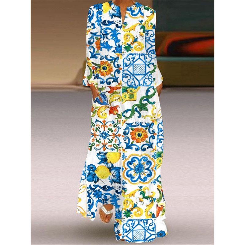 Loose Plus Size Women's Clothing Long Dress New Chinese Style Skirt Elegant Sexy Long Sleeves 3D Print Long Skirt